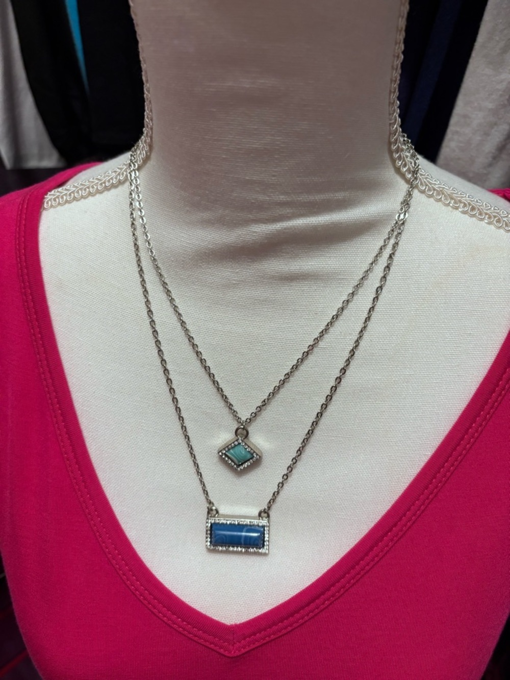 Source Unknown Silver Layered Necklace with Blue and Teal Pendants